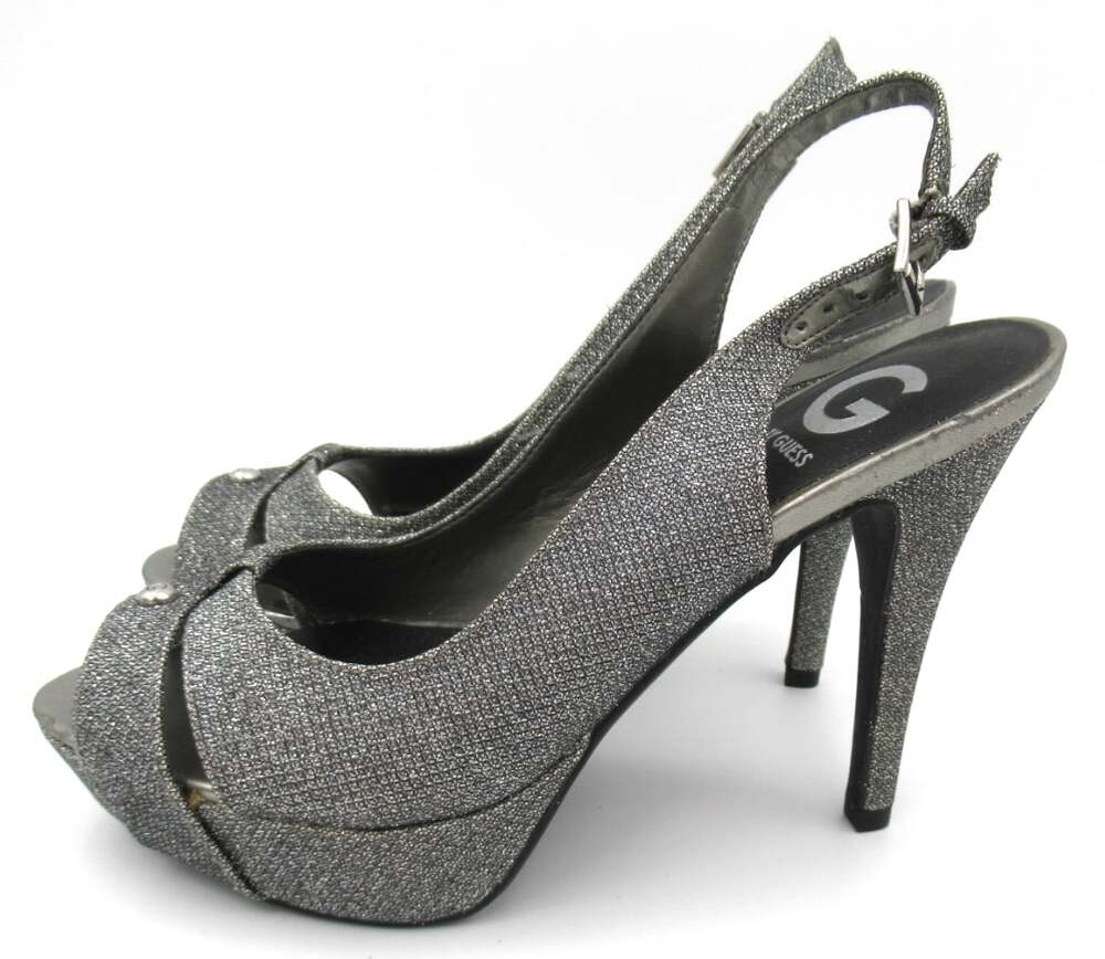 G by Guess Silver Sparkle Strappy Sling Heels Size 8 Party Dressy Glitter Bling